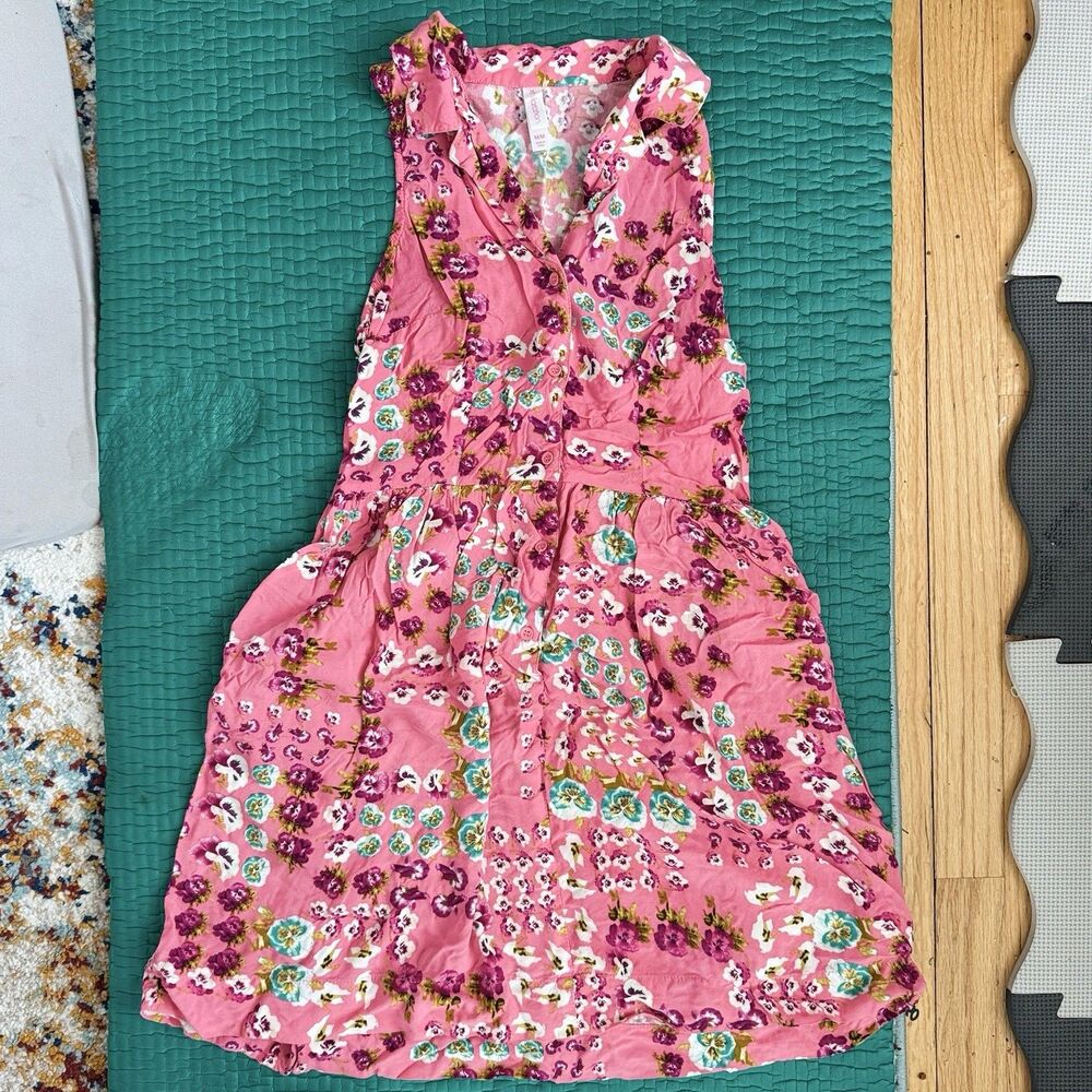 Xhilaration 100% Rayon Summer Dress Ruffle Button Front Pink Floral Sz M Vintage